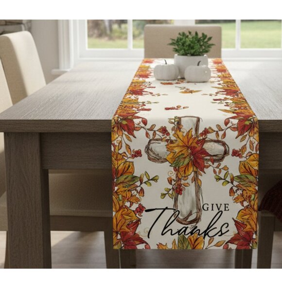 Fall Table Runner Christian Cross Decor Autumn Thanksgiving Decoration Cloth 72" - Picture 2 of 4